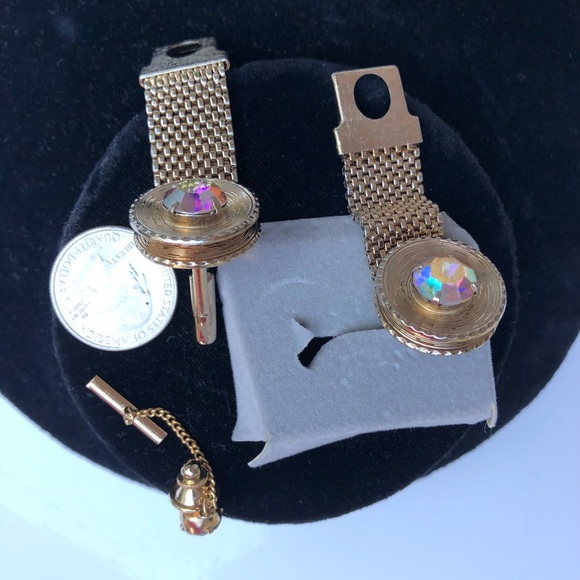 Vintage Gold Mesh Cufflinks Tie Tack Set Rivoli Rhinestones - Picture 8 of 12